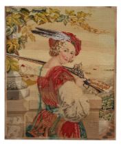 A NEEDLEWORK PICTURE OF A YOUNG GIRL IN A FEATHERED HAT