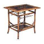 A CHINESE BAMBOO, ELM AND LACQUER PANEL INSET TABLE