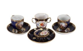A PAIR OF MEISSEN BLUE-GROUND CUPS AND SAUCERSLATE 19TH CENTURYdecorated with watteauesquesToget