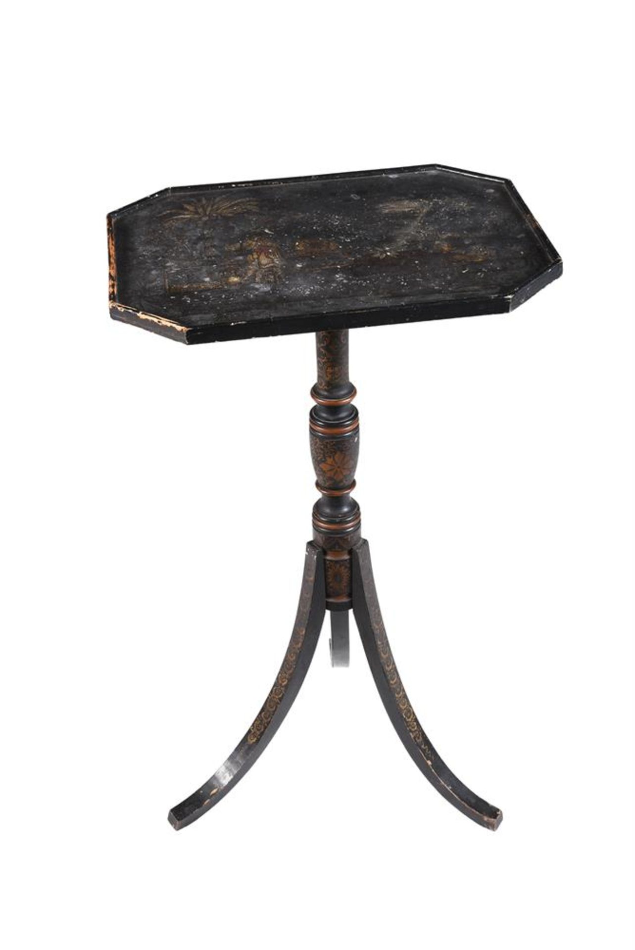 A REGENCY BLACK LACQUER AND PARCEL GILT CHINOISERIE DECORATED TRIPOD TABLE