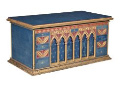A PAINTED AND PARCEL GILT ALTAR TABLE IN GOTHIC REVIVAL TASTE