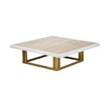 A TRAVERTINE AND WHITE MARBLE SQUARE LOW CENTRE TABLE