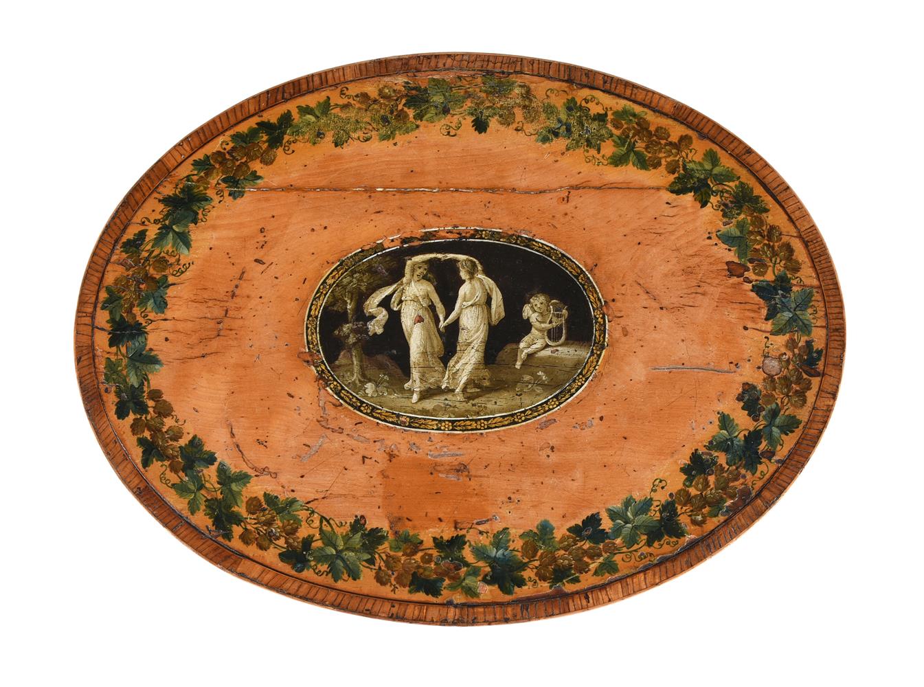 A GEORGE III SATINWOOD AND POLYCHROME PAINTED WORK TABLE IN THE MANNER OF KAUFFMANN - Image 2 of 3