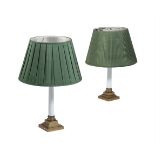 A PAIR OF BRASS MOUNTED WHITE GLASS COLUMN TABLE LAMPS