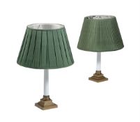 A PAIR OF BRASS MOUNTED WHITE GLASS COLUMN TABLE LAMPS