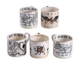 A GROUP OF FIVE MODERN WEDGWOOD COMMEMORATIVE MUGS DESIGNED BY RICHARD GUYATT