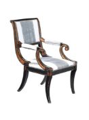 AN EBONISED, PAINTED AND PARCEL GILT ARMCHAIR, IN REGENCY STYLE