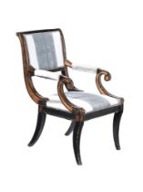 AN EBONISED, PAINTED AND PARCEL GILT ARMCHAIR, IN REGENCY STYLE