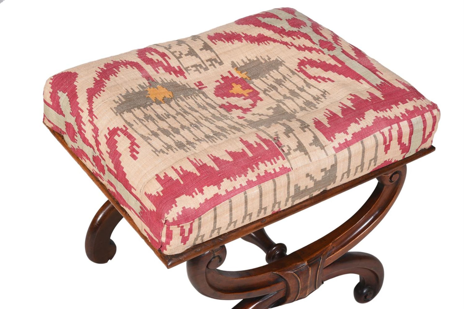 A WALNUT, BEECH AND IKAT UPHOLSTERED X-FRAME STOOL, IN THE MANNER OF GILLOWS - Bild 2 aus 3