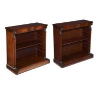 A PAIR OF SMALL MAHOGANY AND GILT METAL MOUNTED OPEN BOOKCASES, IN EMPIRE STYLE