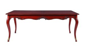 A RED LACQUERED EXTENDING DINING TABLE