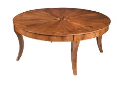 A LARGE CONTINENTAL WALNUT AND MARQUETRY CENTRE TABLE