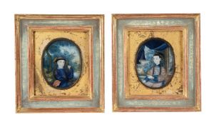 A PAIR OF CHINESE REVERSE PAINTED GLASS PORTRAITS OF A LADY AND GENTLEMAN