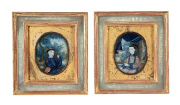 A PAIR OF CHINESE REVERSE PAINTED GLASS PORTRAITS OF A LADY AND GENTLEMAN