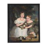 FOLLOWER OF SIR THOMAS LAWRENCE, PORTRAIT OF TWO GIRLS WITH A BASKET OF FLOWERS