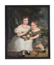 FOLLOWER OF SIR THOMAS LAWRENCE, PORTRAIT OF TWO GIRLS WITH A BASKET OF FLOWERS