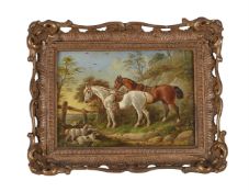 HENRY S. COTTRELL (BRITISH FL. 1850), TWO HORSES AND TWO SPANIELS IN A LANDSCAPE,