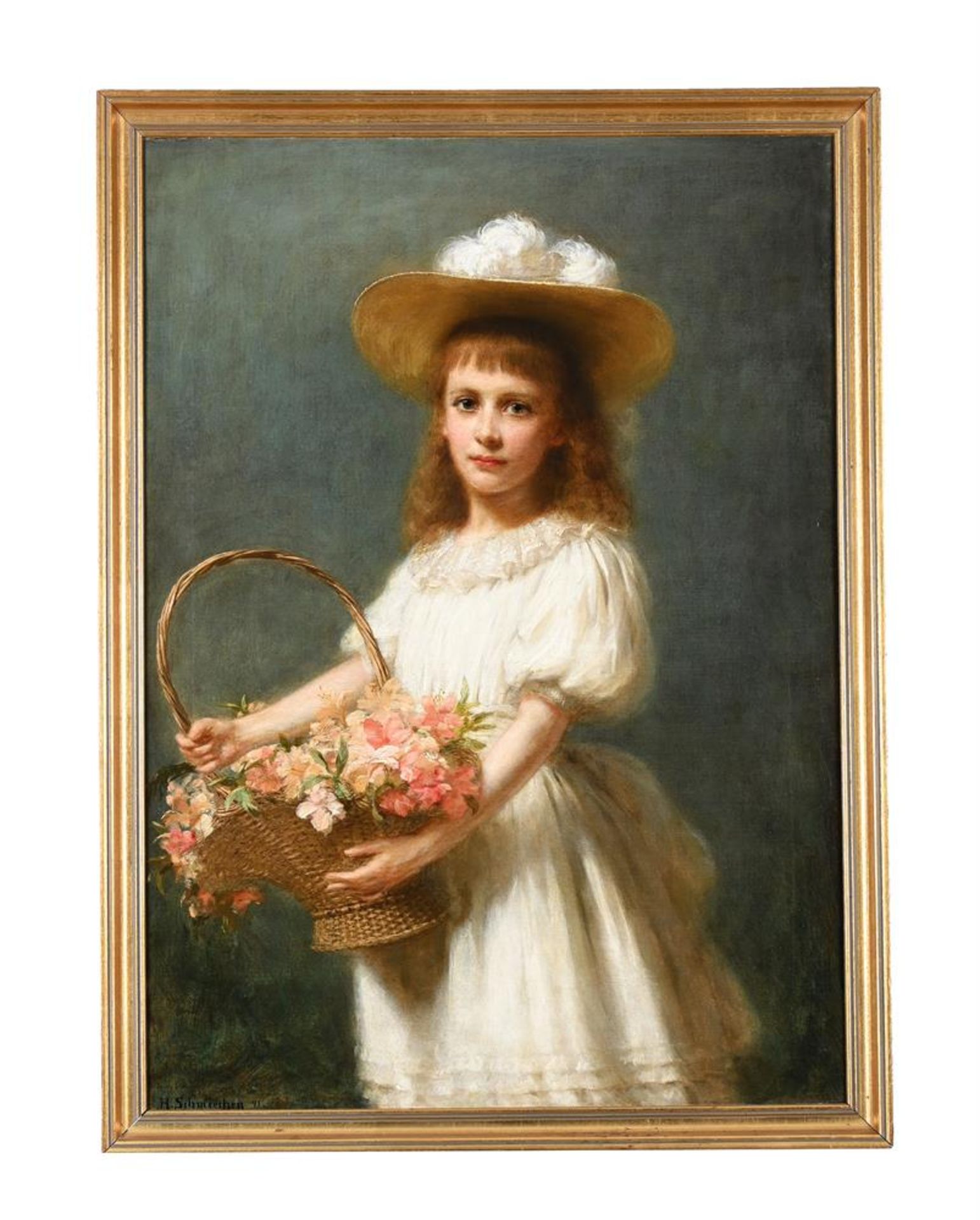 HERMANN SCHMIECHEN (GERMAN 1855-1923), PORTRAIT OF A GIRL HOLDING A BASKET OF FLOWERS