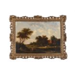 FOLLOWER OF FREDERICK WATERS WATTS, RIVERSCAPE WITH COTTAGE, FIGURES IN THE FOREGROUND