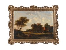 FOLLOWER OF FREDERICK WATERS WATTS, RIVERSCAPE WITH COTTAGE, FIGURES IN THE FOREGROUND