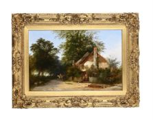 FOLLOWER OF EDWIN MASTER (19TH CENTURY), FIGURES BEFORE A COTTAGE ON A WOODED LANE
