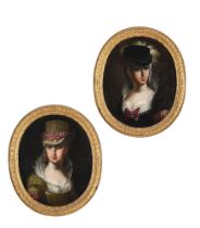 CONTINENTAL SCHOOL (18TH CENTURY), A PAIR OF PORTRAITS OF LADIES IN ELABORATE HATS