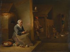 AFTER DAVID TENIERS THE YOUNGER, INTERIOR WITH AN OLD WOMAN PEELING APPLES