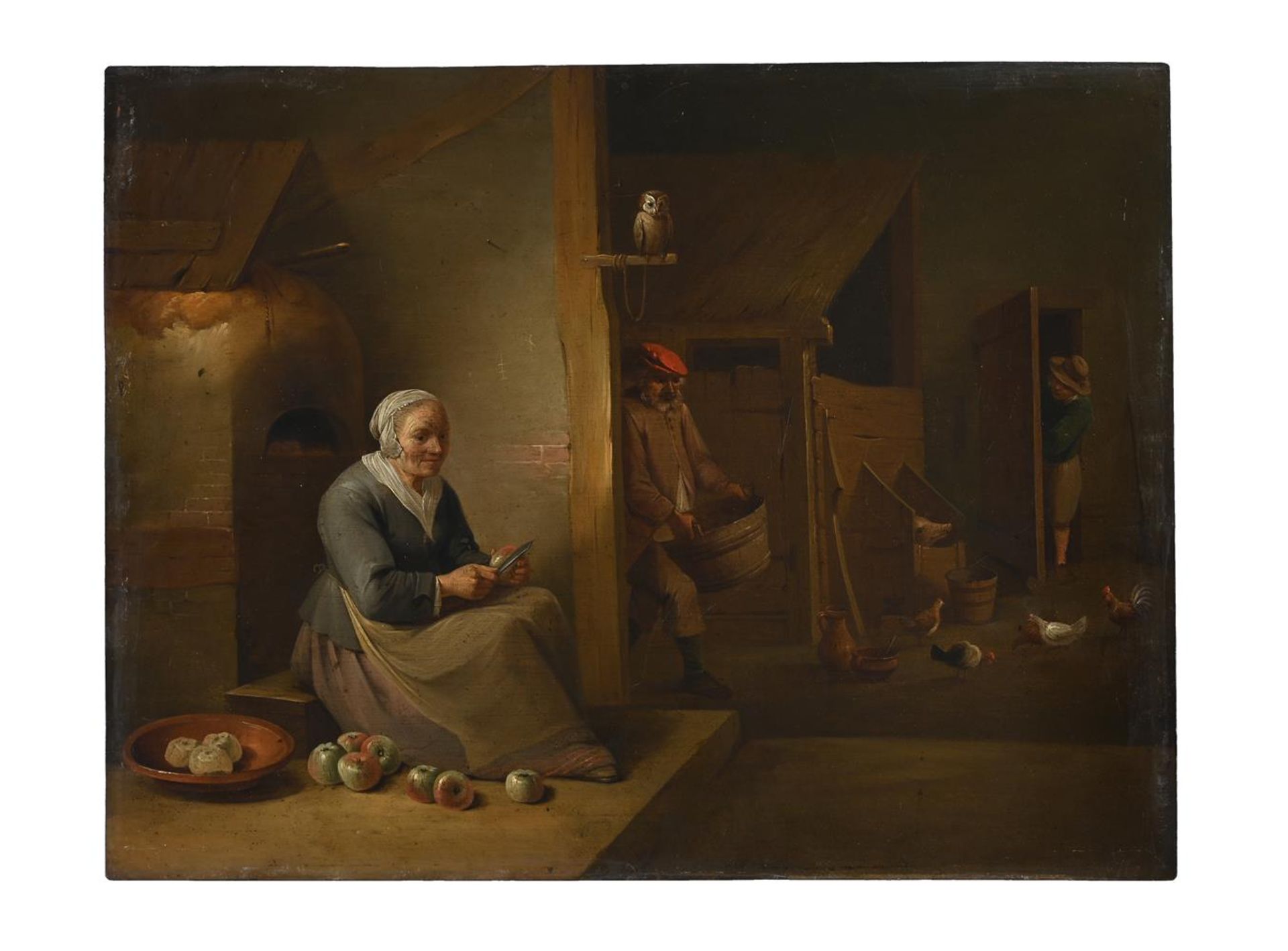 AFTER DAVID TENIERS THE YOUNGER, INTERIOR WITH AN OLD WOMAN PEELING APPLES - Image 2 of 3