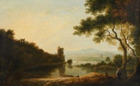 WILLIAM HODGES, R.A (BRITISH 1744-1797), A RIVER LANDSCAPE AT SUNSET