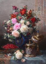 JEAN BAPTISTE ROBIE (BELGIAN 1821 - 1910), STILL LIFE OF FLOWERS AND SILVER VESSELS