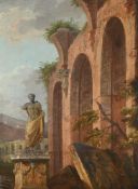 FOLLOWER OF GIOVANNI PAOLO PANNINI, CAPRICCIO WITH ROMAN RUINS AND STATUE