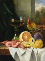 EDWARD LADELL (BRITISH 1821-1886), STILL LIFE WITH A ROEMER, CUT LEMON, PRAWNS, AND PLUMS