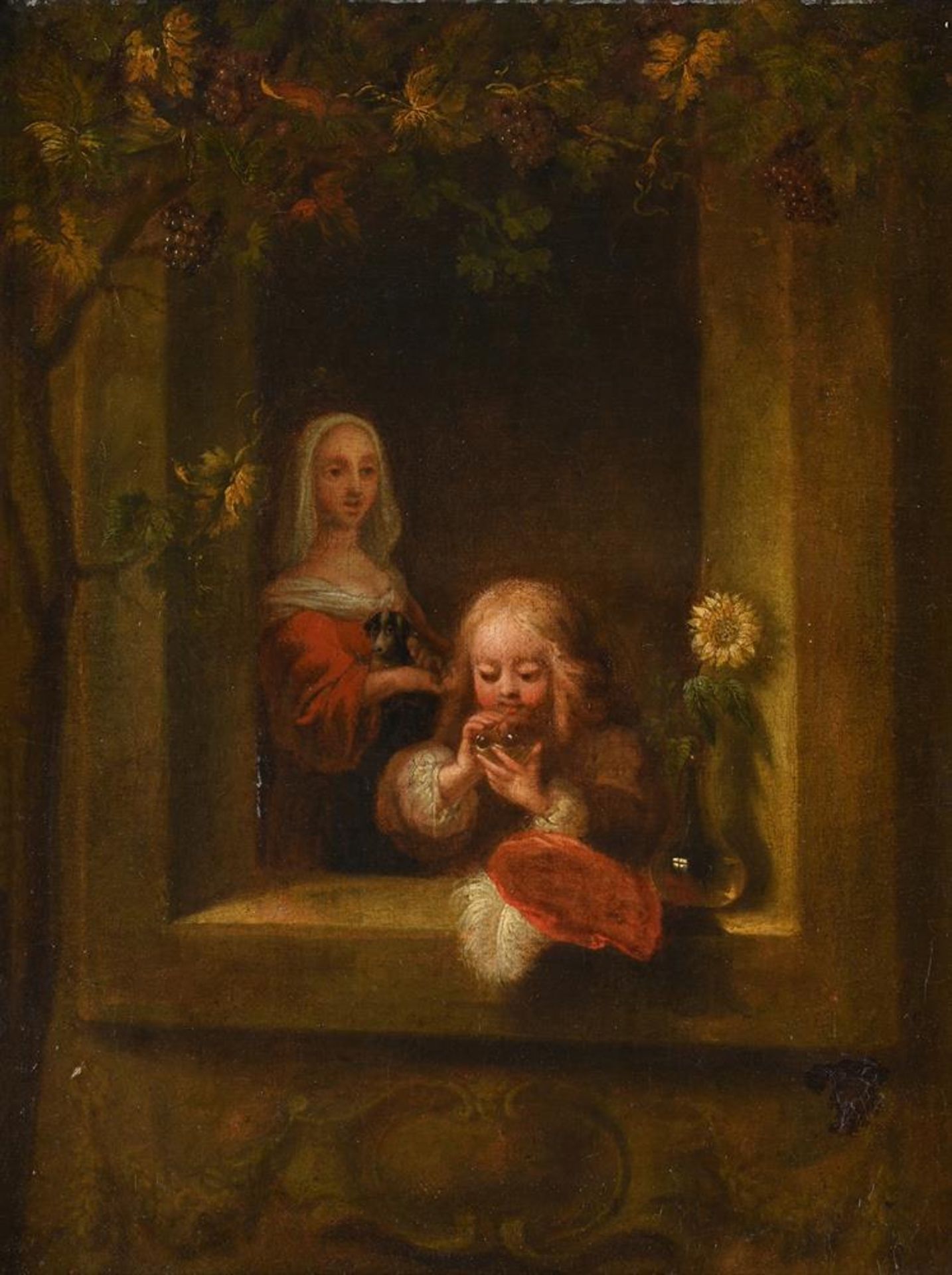 AFTER FRANS VAN MIERIS THE ELDER, BOY BLOWING BUBBLES IN A WINDOW