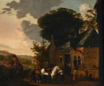 ATTRIBUTED TO PIETER WOUWERMAN (DUTCH 1623-1682), TRAVELLERS ON HORSEBACK HALTING AT THE BLACKSMITH