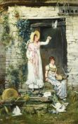 CONTINENTAL SCHOOL (19TH CENTURY), TWO WOMEN FEEDING DOVES OUTSIDE A FARMHOUSE