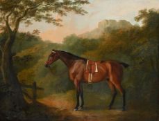 JOHN BOULTBEE (BRITISH 1753-1812), A SADDLED HUNTER IN A LANDSCAPE