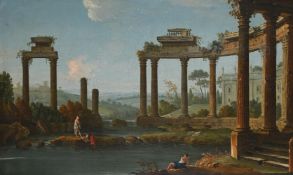 FOLLOWER OF PIERRE ANTOINE PATEL, LANDSCAPE WITH BATHERS AND ROMAN RUINS
