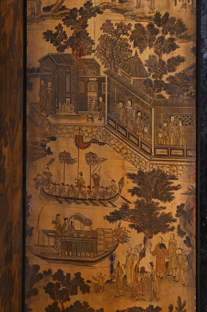 A CHINESE EXPORT BLACK LACQUER AND CHINOISERIE DECORATED EIGHT FOLD SCREEN, EARLY 19TH CENTURY - Image 4 of 5