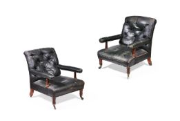 A PAIR OF VICTORIAN OAK AND OIL CLOTH UPHOLSTERED ARMCHAIRS, BY HOLLAND & SONS