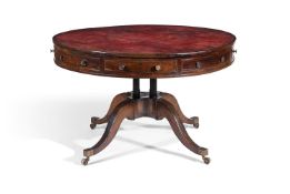 Y A GEORGE III ROSEWOOD AND BRASS STRUNG DRUM LIBRARY TABLE, PROBABLY SCOTTISH, CIRCA 1800