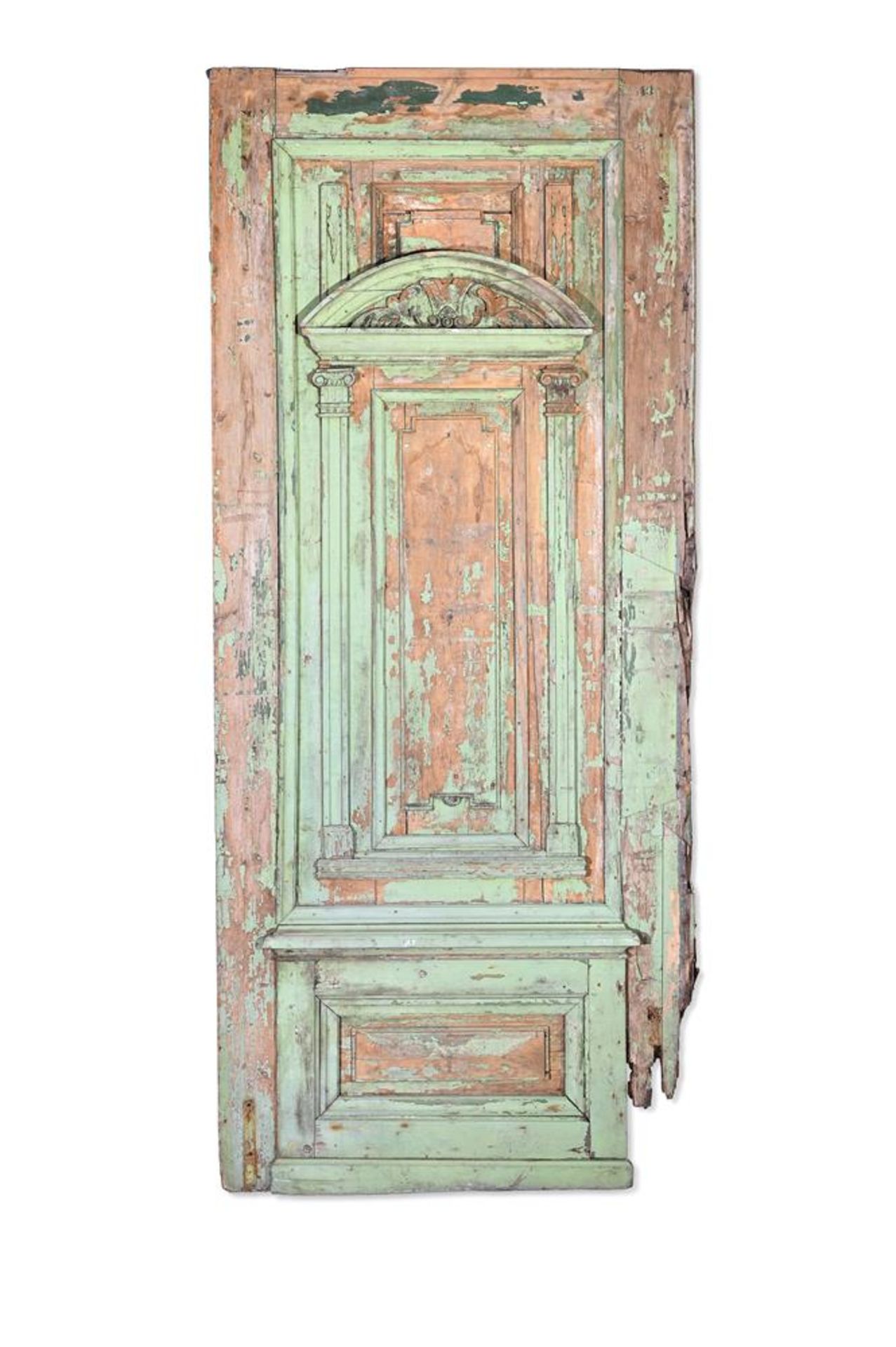 A LARGE PAINTED PINE COURTYARD DOOR AND OVER-DOOR, 19TH CENTURY