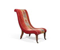 A VICTORIAN MAHOGANY AND NEEDLEWORK UPHOLSTERED NURSING CHAIR, SECOND HALF 19TH CENTURY