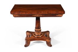 Y A REGENCY ROSEWOOD, SIMULATED ROSEWOOD AND PENWORK DECORATED FOLDING TABLE, CIRCA 1820