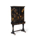 A REGENCY BLACK LACQUER AND CHINOISERIE DECORATED CABINET ON STAND, CIRCA 1815