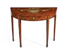 Y A GEORGE III MAHOGANY AND POLYCHROME PAINTED FOLDING CARD TABLE, CIRCA 1790