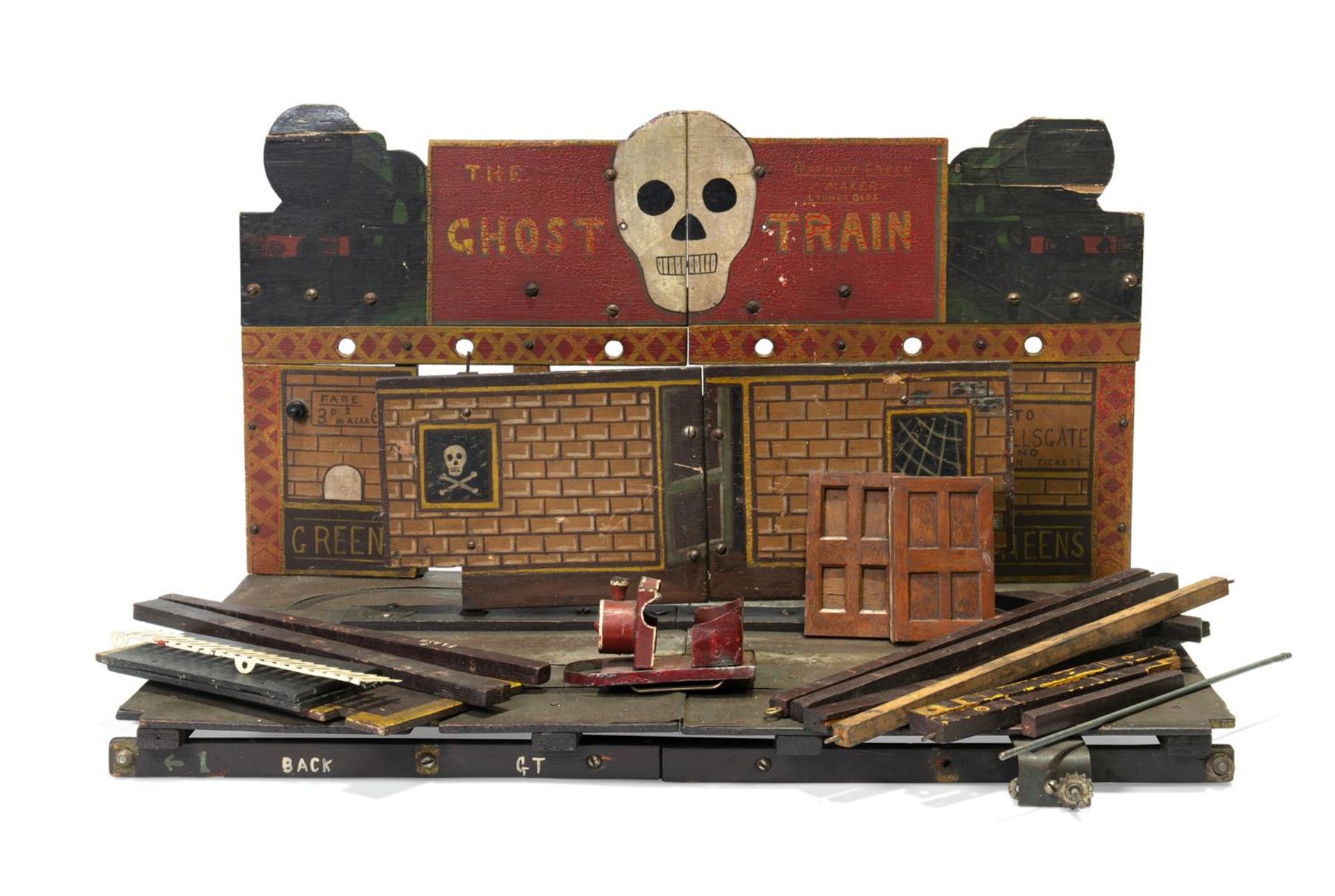 A SCRATCHBUILT PAINTED WOOD AND METAL SCALE MODEL AMUSEMENT GHOST TRAIN RIDE, 20TH CENTURY