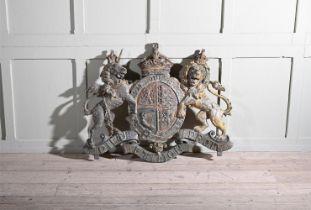 A LARGE POLYCHROME DECORATED CAST IRON ROYAL COAT OF ARMS POSSIBLY, BY WALTER MACFARLANE