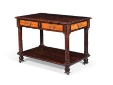Y AN ANGLO-INDIAN EXOTIC HARDWOOD, COROMANDEL AND SATINWOOD CENTRE TABLE, 19TH CENTURY