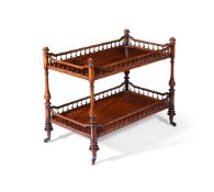 Y A VICTORIAN GONCALO ALVES OR TULIPWOOD TWO TIER ETAGERE, BY HOWARD & SONS