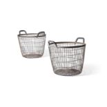 A PAIR OF GALVANISED METAL TWIN HANDLED BASKETS, 20TH CENTURY